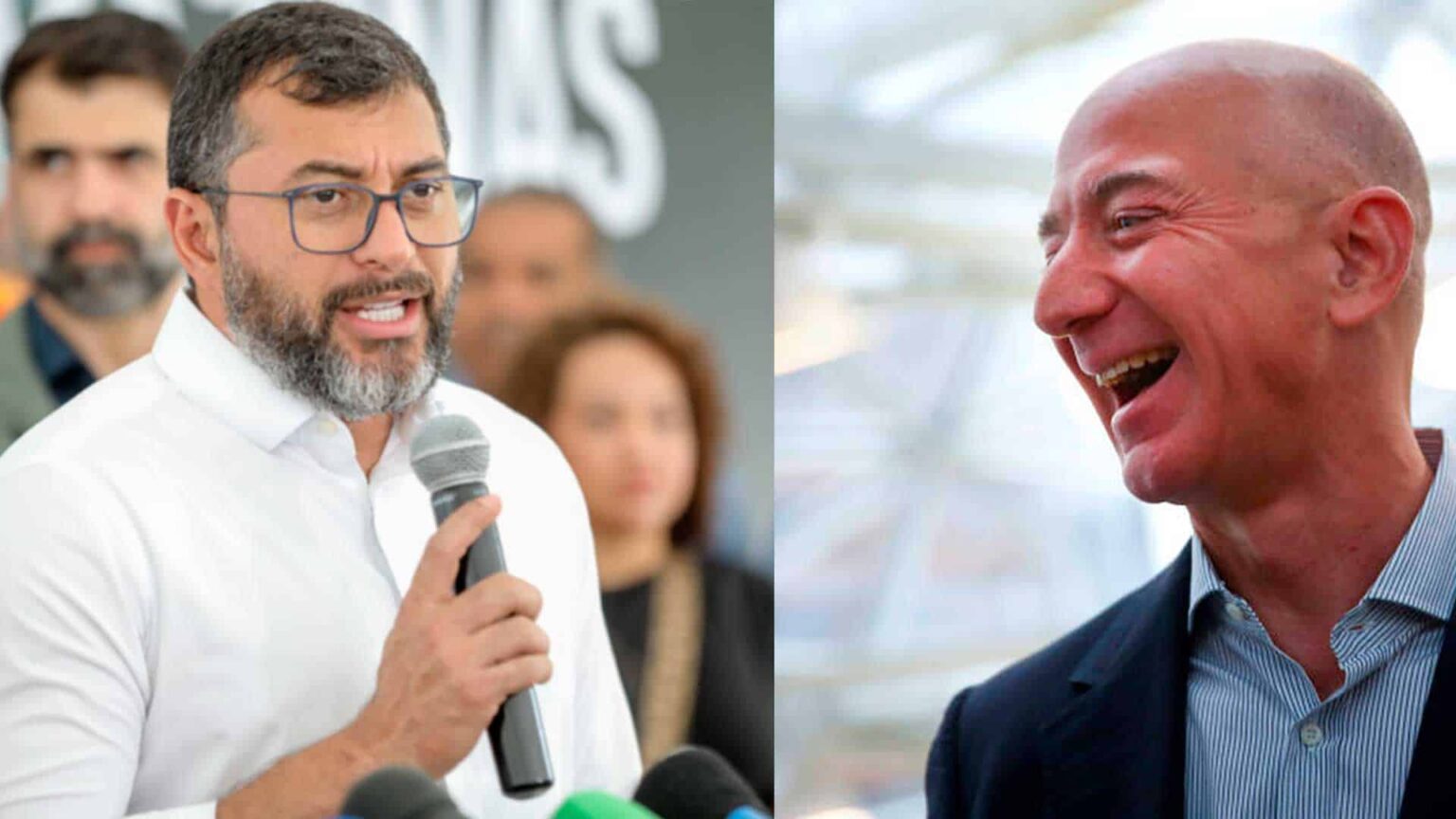 Montagem lado a lado: à esquerda, homem de camisa branca, óculos e barba falando ao microfone em evento; à direita, homem careca de camisa listrada sorrindo e…