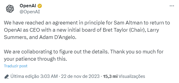 A volta dos que não foram: Sam Altman volta ao cargo de CEO da OpenAI 1 Tweet OpenAI