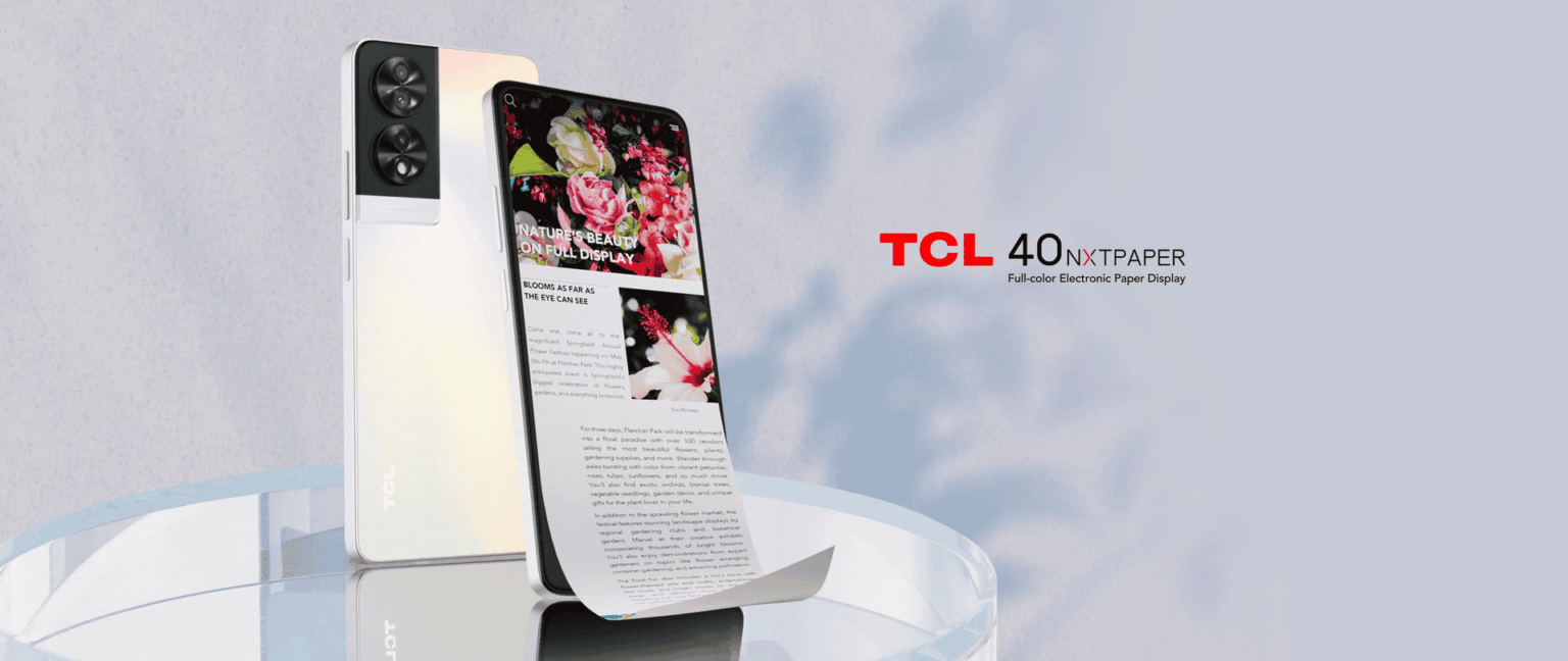 Smartphone TCL 40 NXTPAPER de costas e de frente, com a tela exibindo uma página de texto e fotos, e o logo TCL com a inscrição Full-color Electronic Paper Dis…