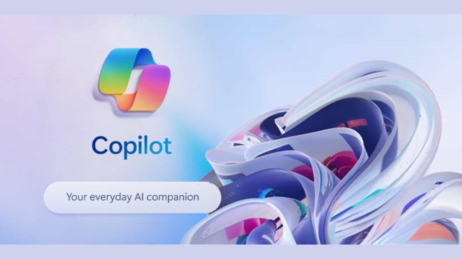 Logotipo do Microsoft Copilot em gradiente colorido, com o texto "Copilot" e o slogan "Your everyday AI companion" sobre fundo azul claro com formas 3D abstrat…