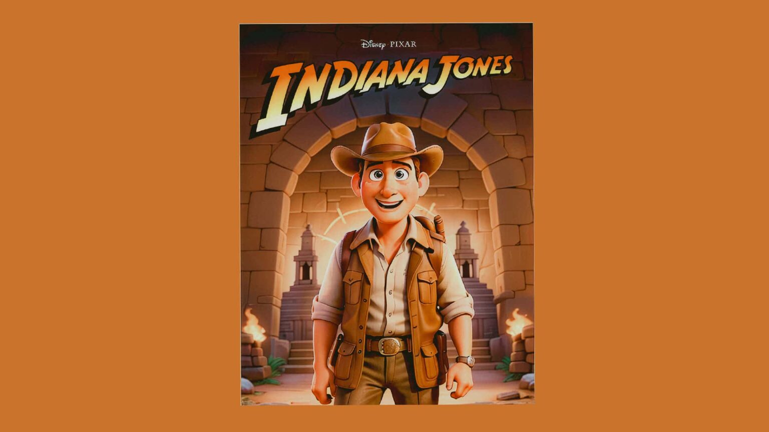 Pôster falso no estilo Pixar com personagem animado de chapéu e colete de explorador diante de uma entrada de templo, com o título Indiana Jones