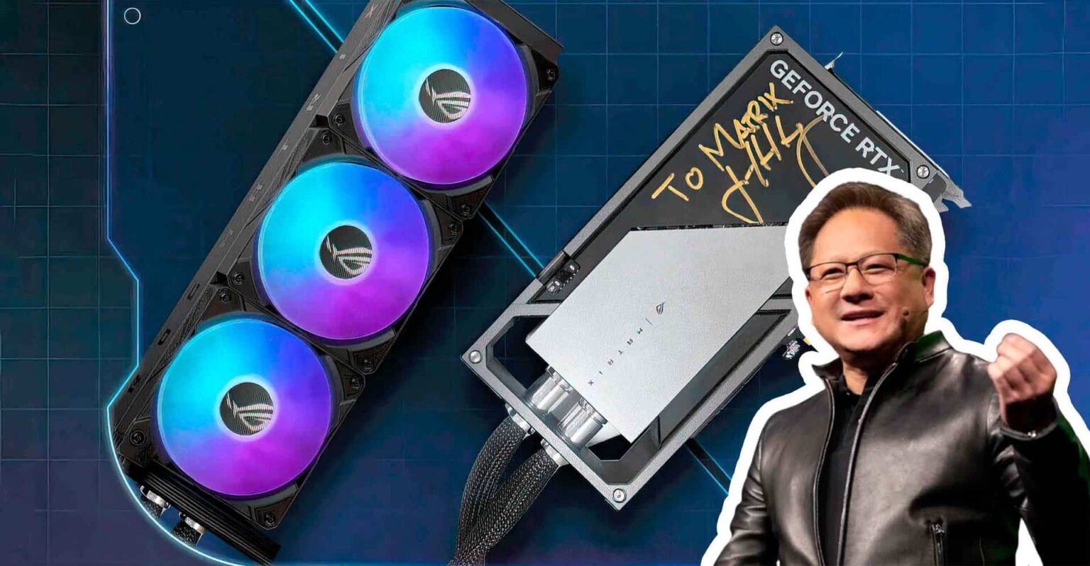 Placa de vídeo GeForce RTX com cooler líquido ROG e assinatura "To Mark" com um homem sorridente de jaqueta de couro ao lado