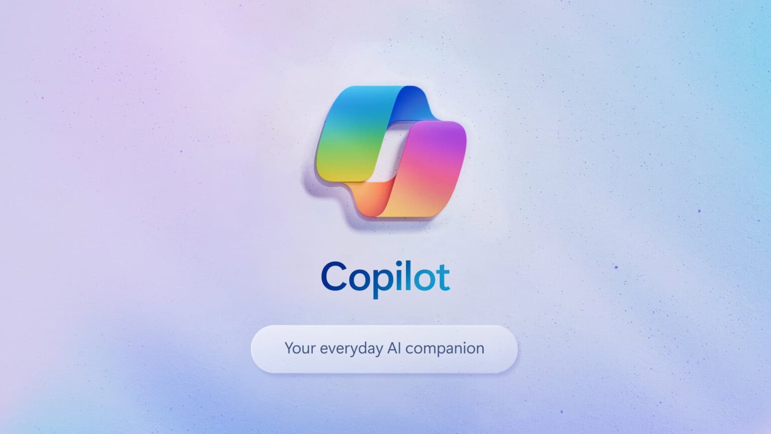 Logo do Microsoft Copilot com o texto "Your everyday AI companion" sobre fundo degradê lilás e azul claro
