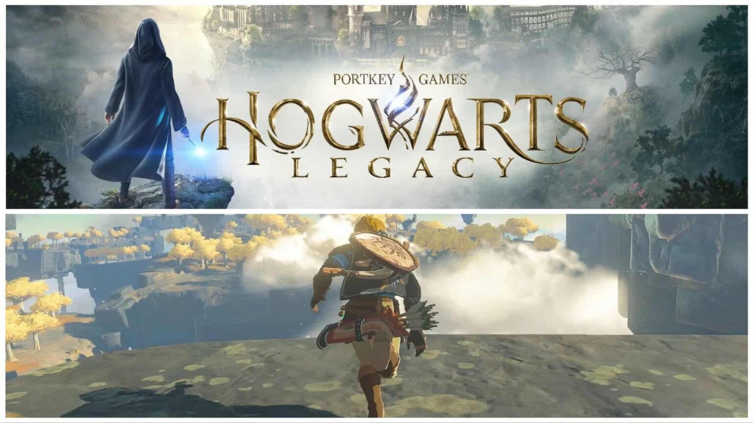 Banner do jogo Hogwarts Legacy da Portkey Games acima e cena de jogo com personagem correndo sobre um penhasco com árvores amarelas ao fundo