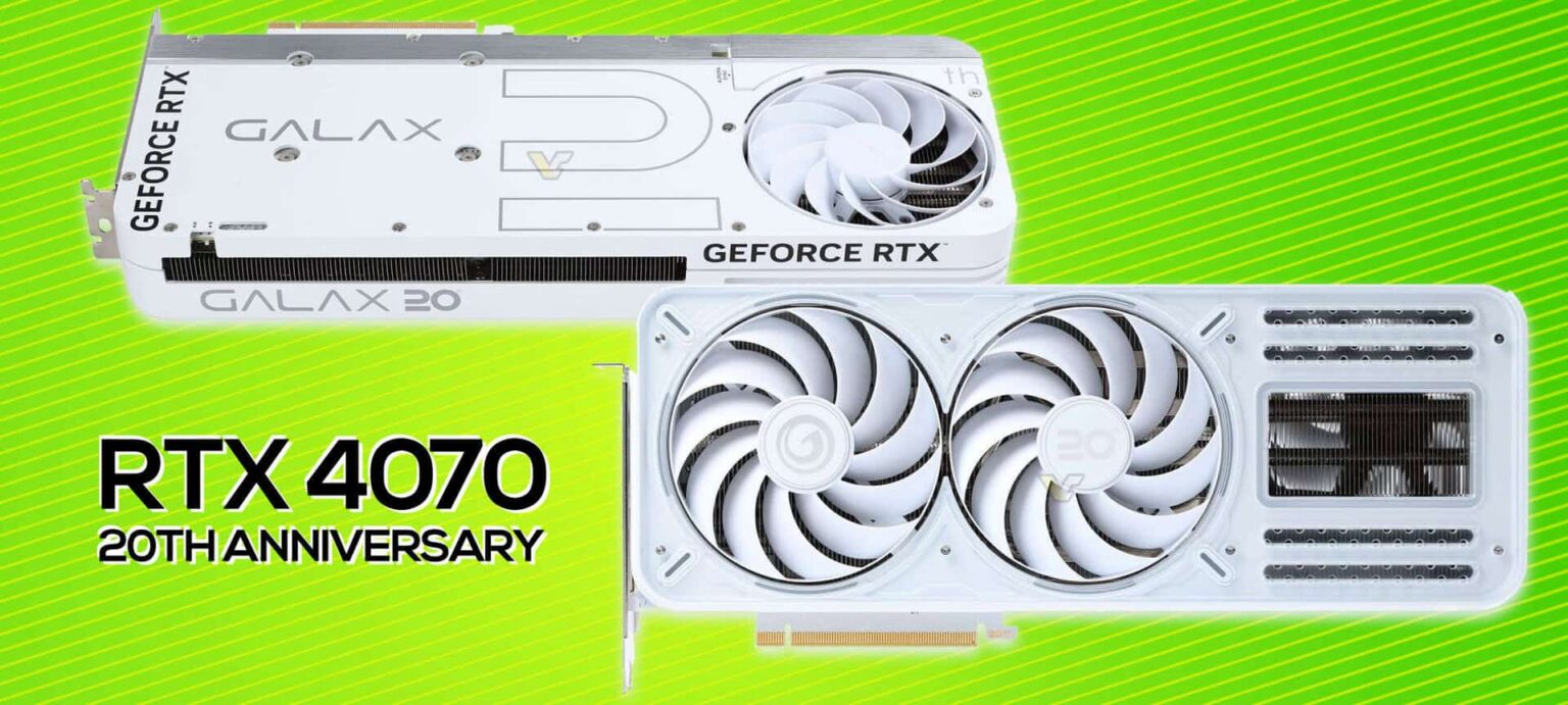 Placa de vídeo Galax GeForce RTX 4070 edição 20th Anniversary na cor branca, com dois ventiladores e texto "RTX 4070 20th Anniversary" sobre fundo verde
