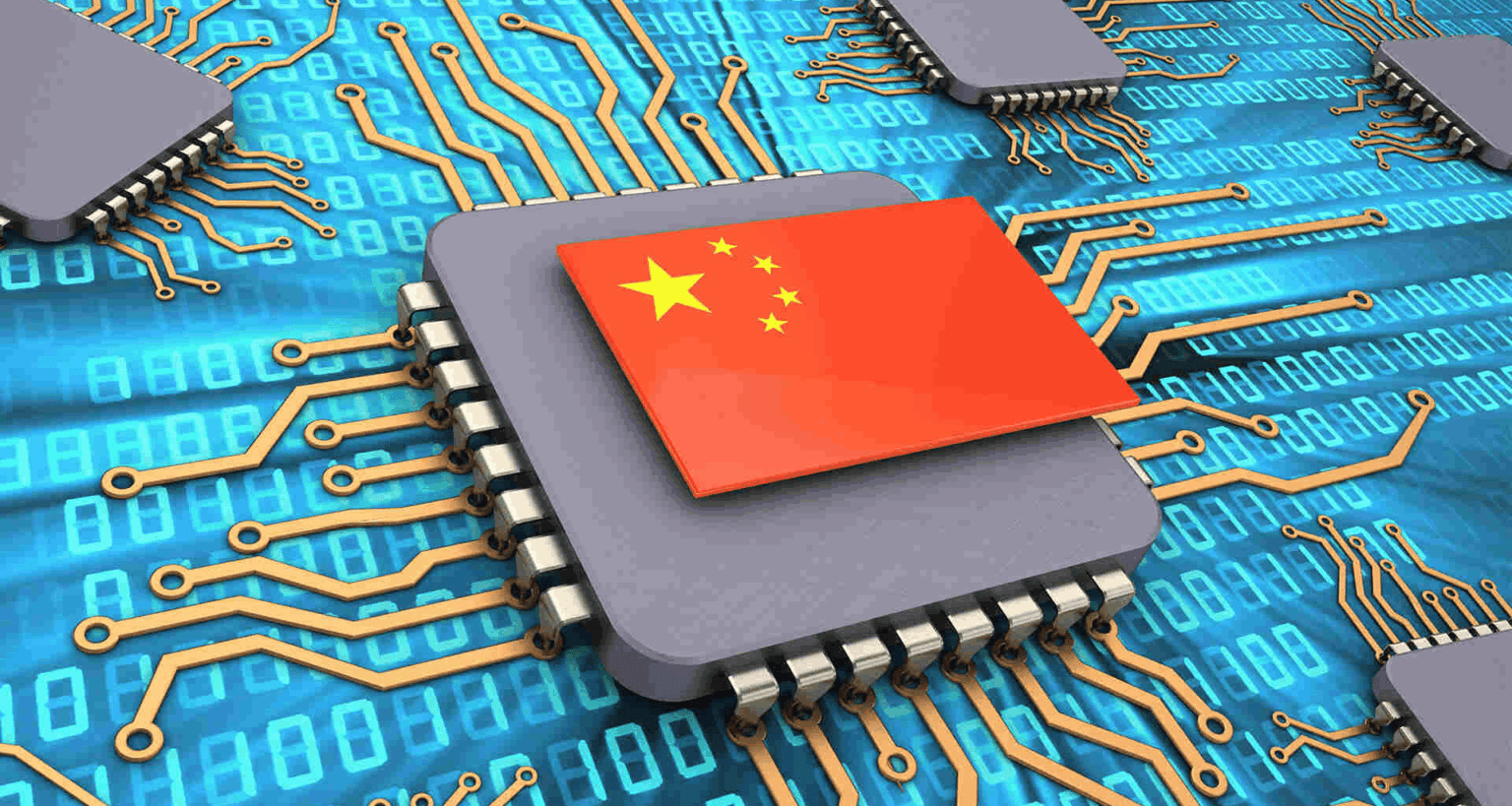 Ilustração 3D de um processador com a bandeira da China sobre o chip, em uma placa de circuito azul com código binário e trilhas douradas