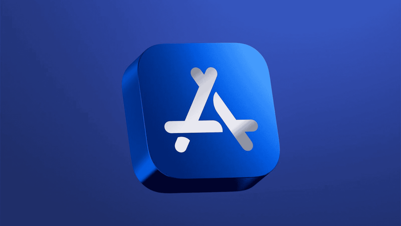 Ícone 3D da App Store da Apple, com a letra A estilizada em branco sobre fundo azul