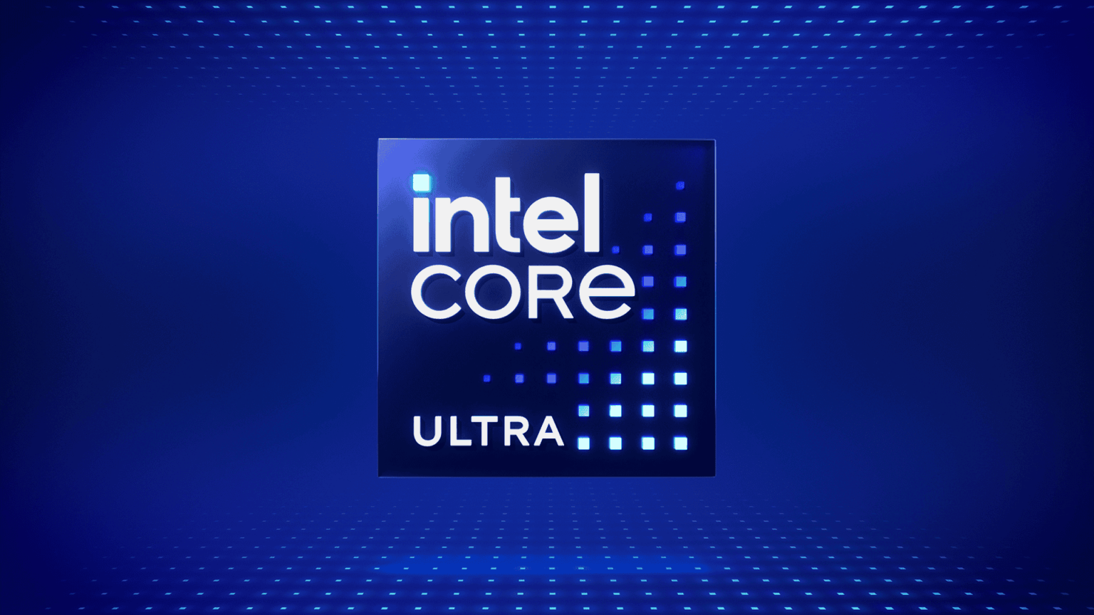 Logotipo do processador Intel Core Ultra em destaque sobre fundo azul com padrão de pontos luminosos