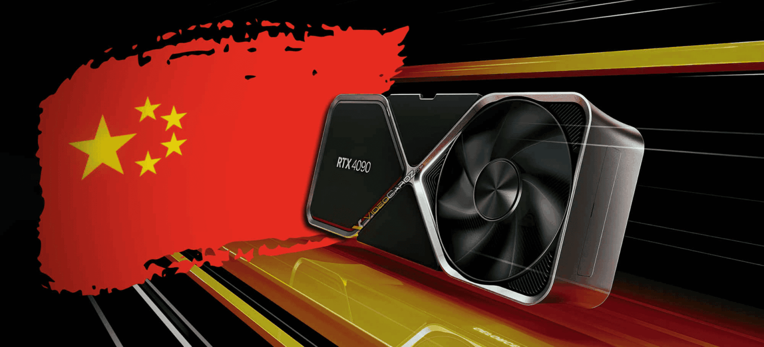 Placa de vídeo NVIDIA RTX 4090 ao lado da bandeira da China, sobre fundo escuro com faixas de velocidade em vermelho e dourado