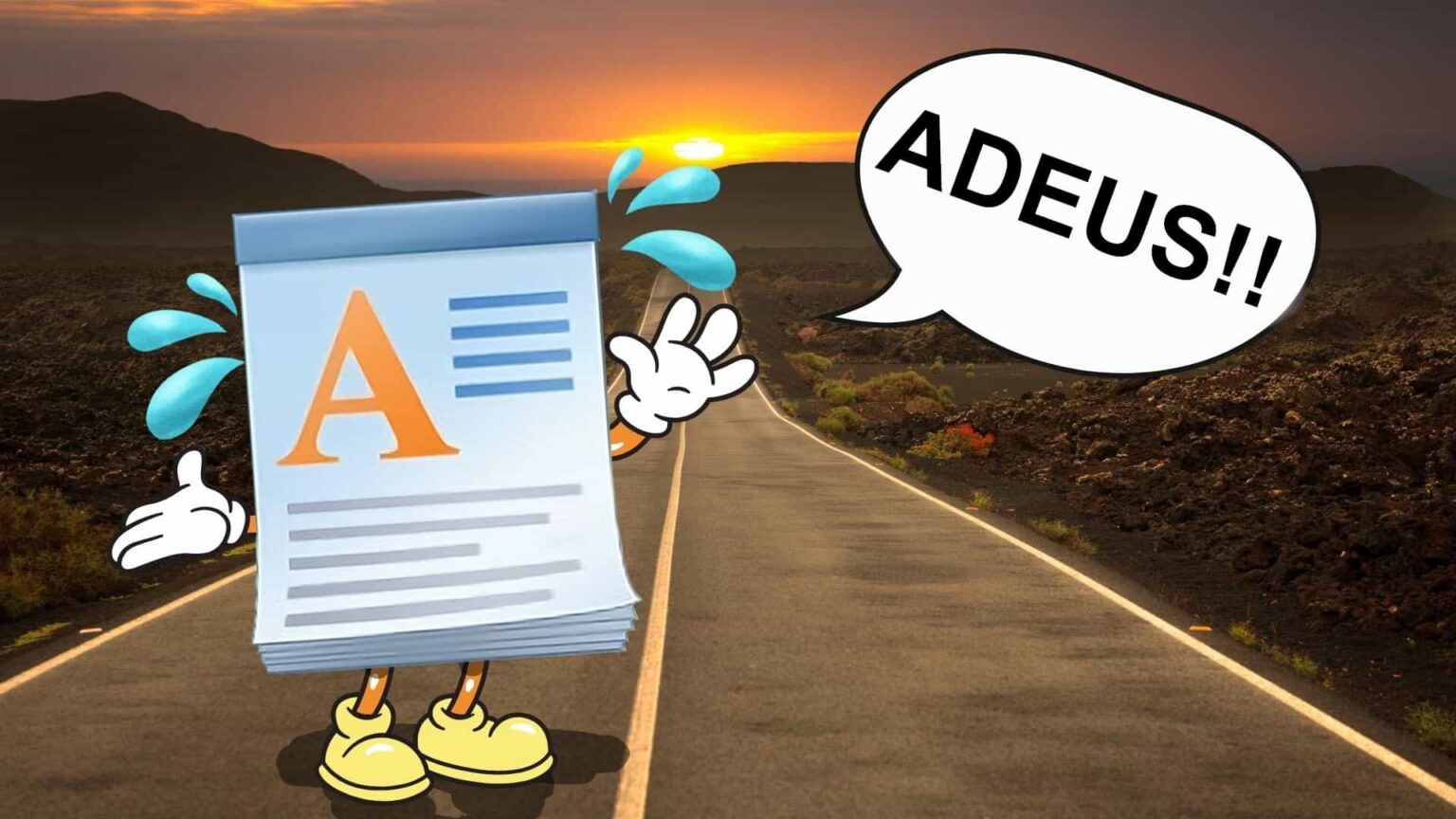 Ilustração de um personagem de desenho animado com ícone do WordPad, dizendo "ADEUS!!" em uma estrada ao pôr do sol