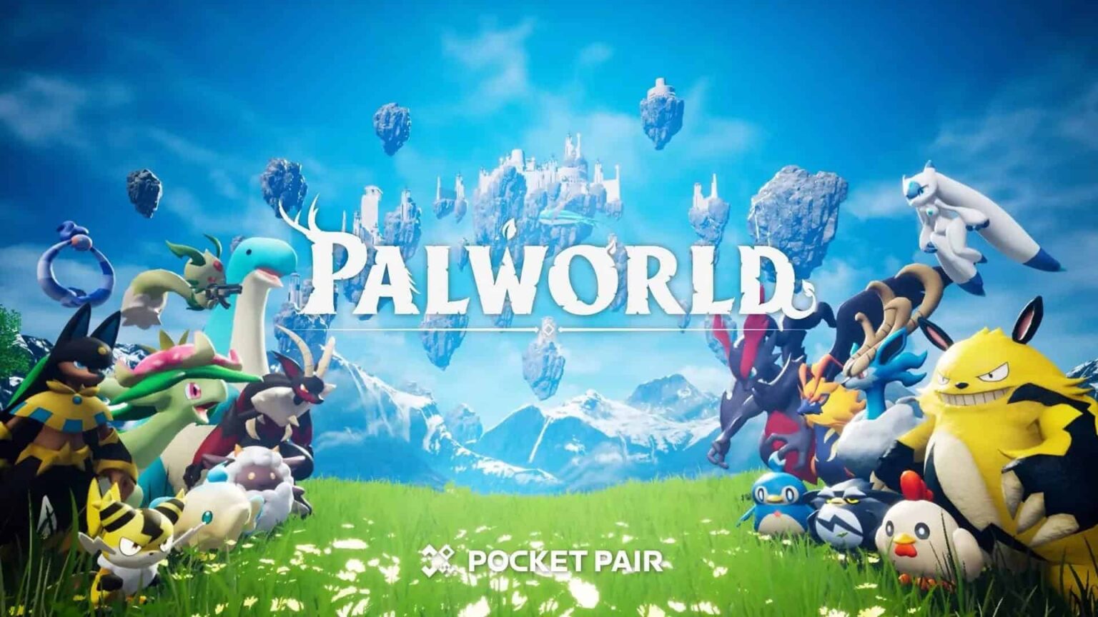 Arte de divulgação do jogo Palworld com o logotipo no centro, criaturas fantásticas reunidas em um campo verde e ilhas flutuantes ao fundo, marca Pocket Pair e…