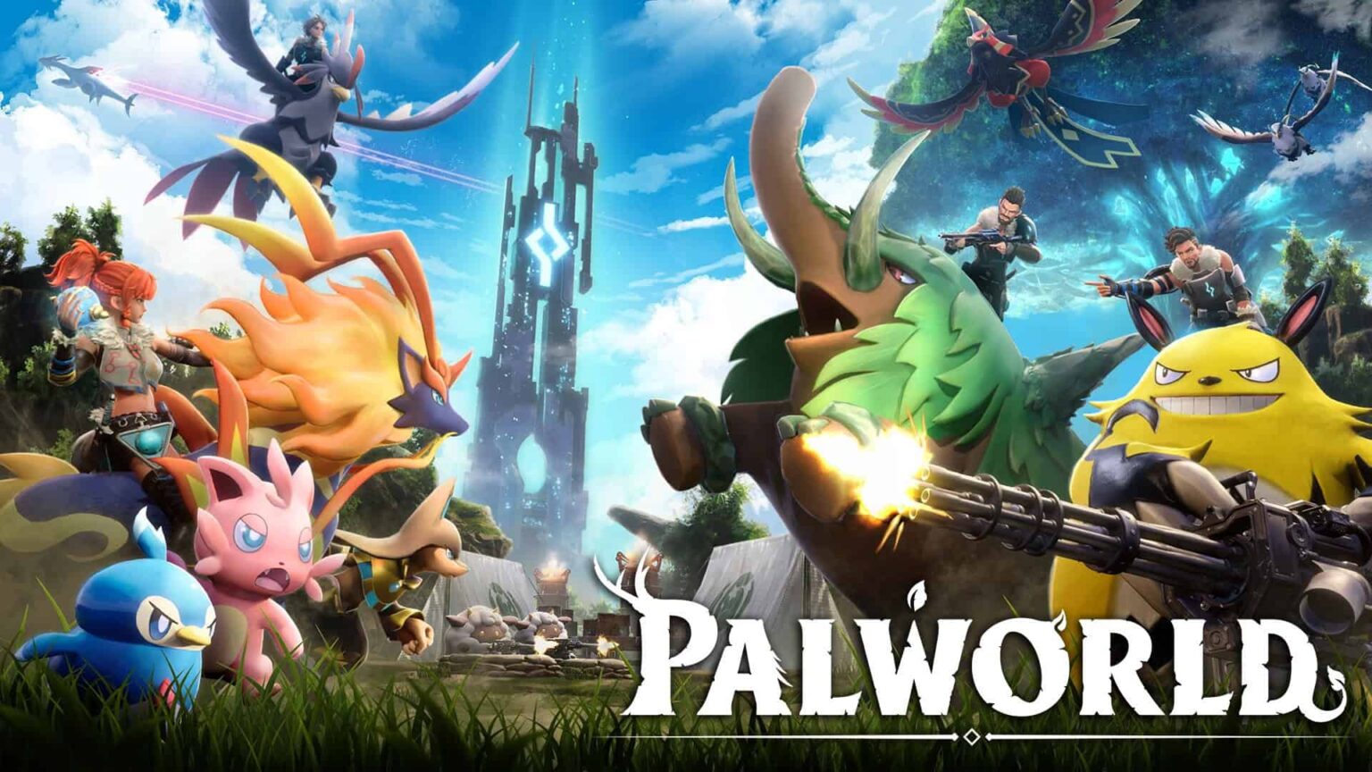 Arte promocional de Palworld com criaturas coloridas, personagens armados com metralhadora e a logo do jogo ao centro