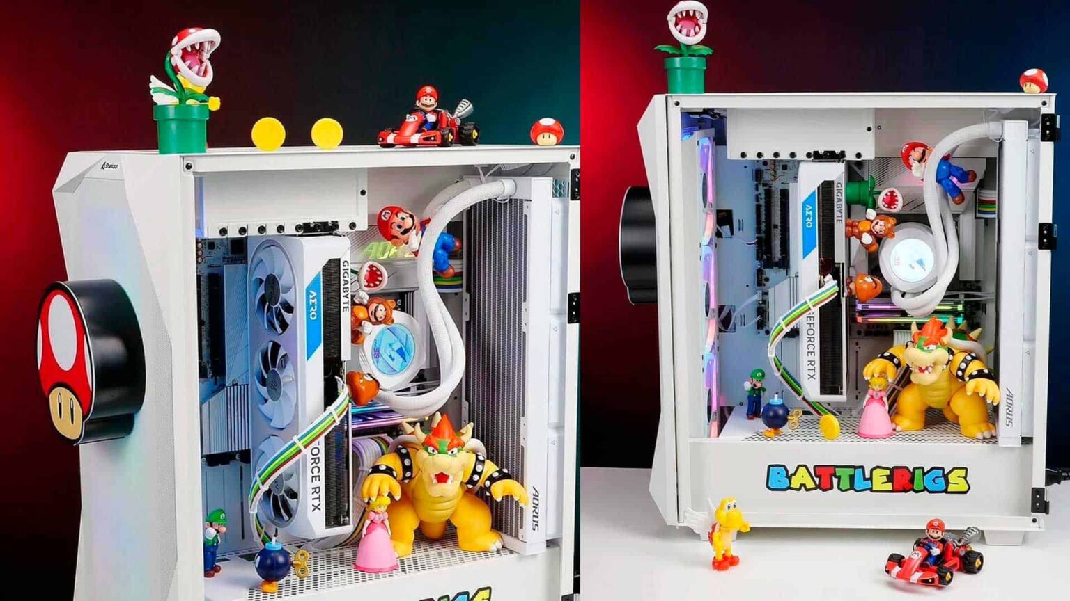 PC gamer temático do Super Mario com placa de vídeo GeForce RTX da Gigabyte, gabinete branco aberto e figuras do Bowser, Mario e Peach