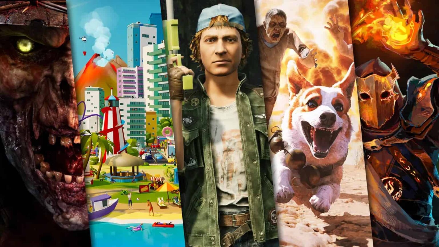 Colagem de cinco jogos lado a lado: zumbi com olhos amarelos, cidade de jogo com vulcão, personagem de boné azul, corgi sorridente e guerreiro com capuz em cha…