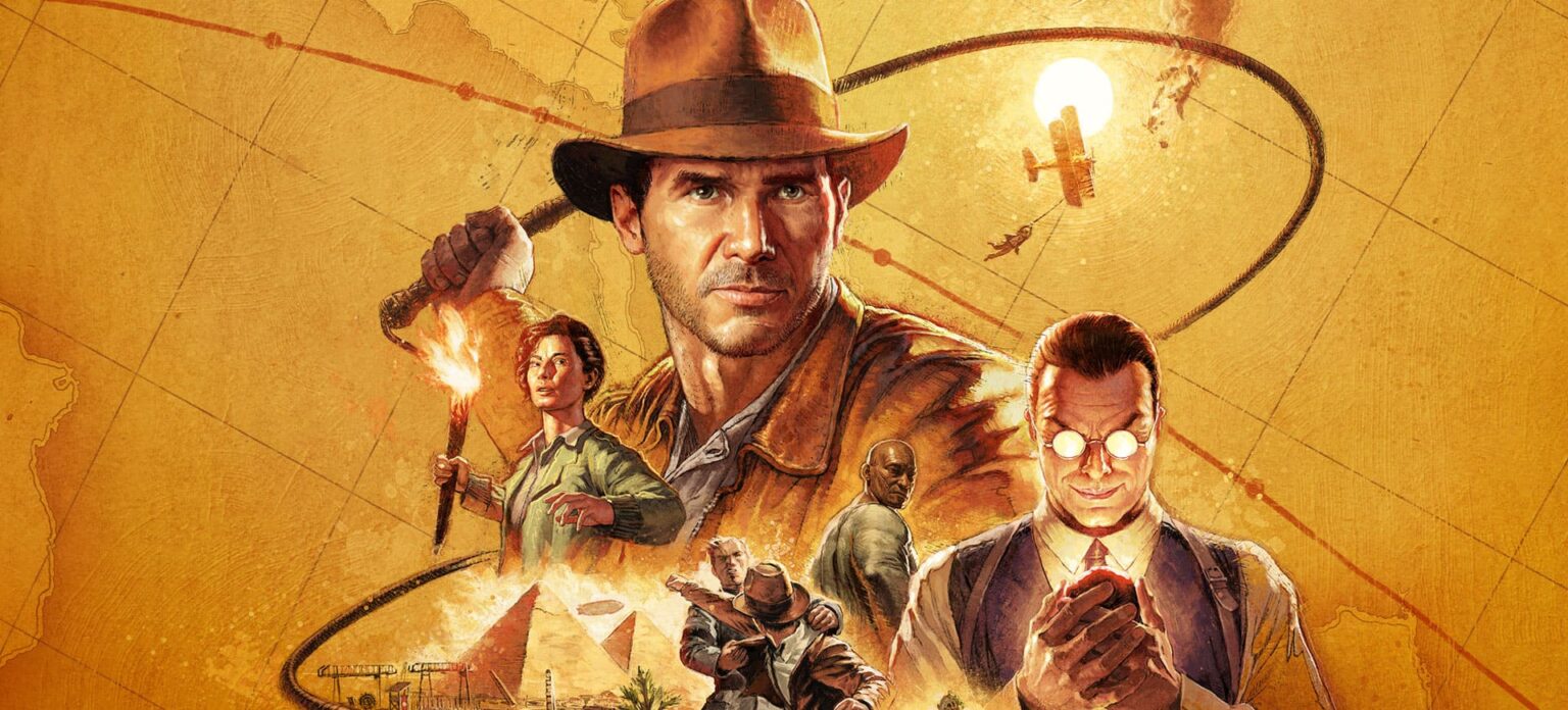 Arte promocional de Indiana Jones e o Grande Círculo com o protagonista de chapéu e chicote, ao lado de personagens, pirâmide, mapa antigo e avião