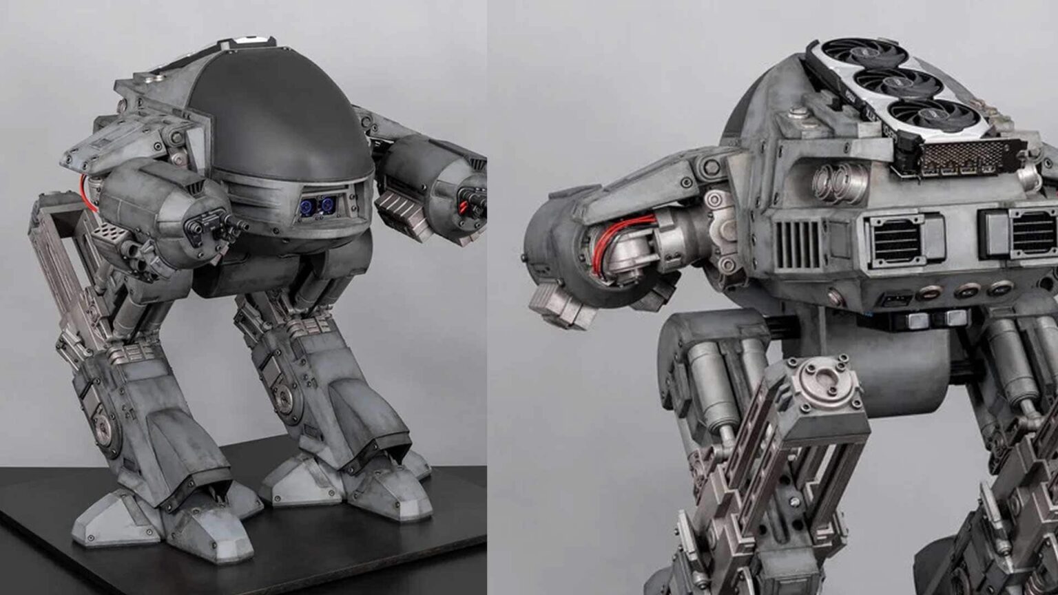 Casemod de PC em forma de robô ED-209 do filme RoboCop, com cooler de placa de vídeo no topo e pernas de metal cinza