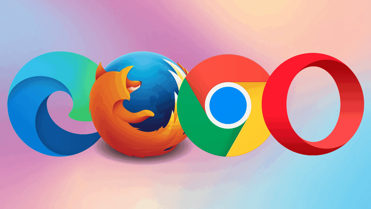 Logos dos navegadores Microsoft Edge, Mozilla Firefox, Google Chrome e Opera lado a lado sobre fundo degradê