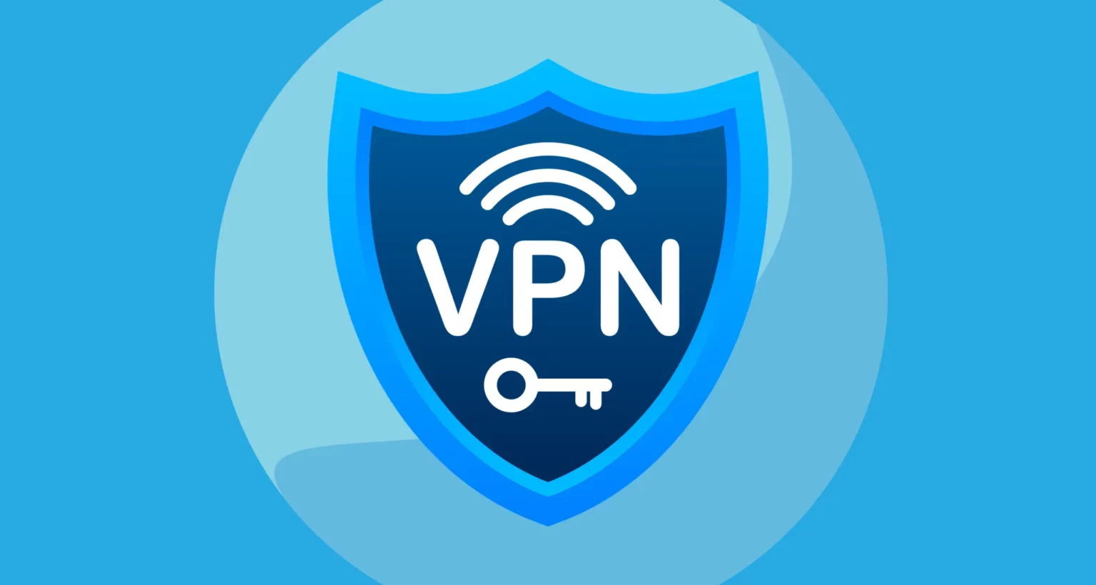 Ilustração de escudo azul com as letras VPN, ondas de sinal Wi-Fi e uma chave, representando segurança de conexão