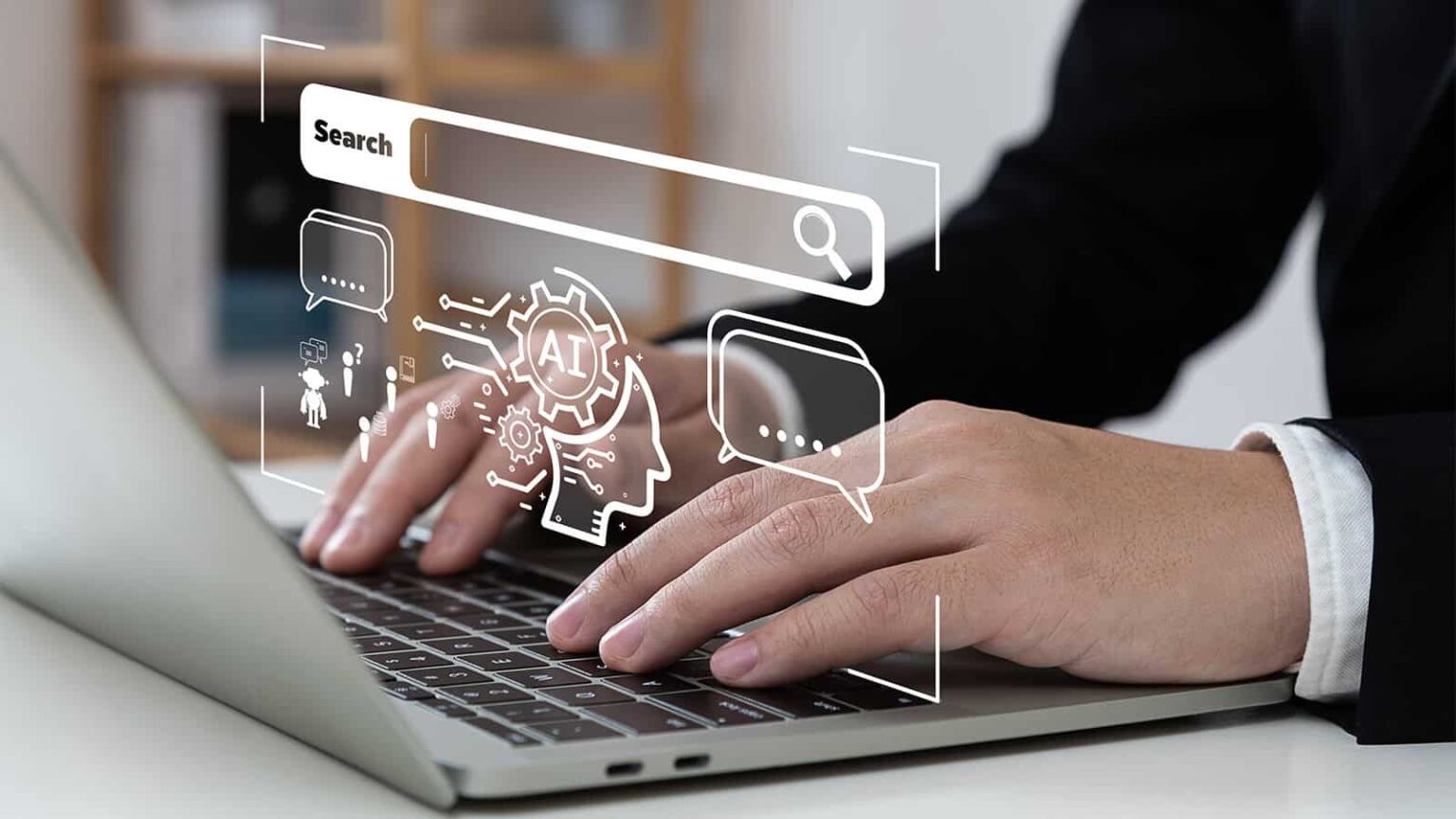 Mãos digitando em um notebook sob uma barra de busca holográfica com o texto "Search", ícones de IA, engrenagens e balões de conversa