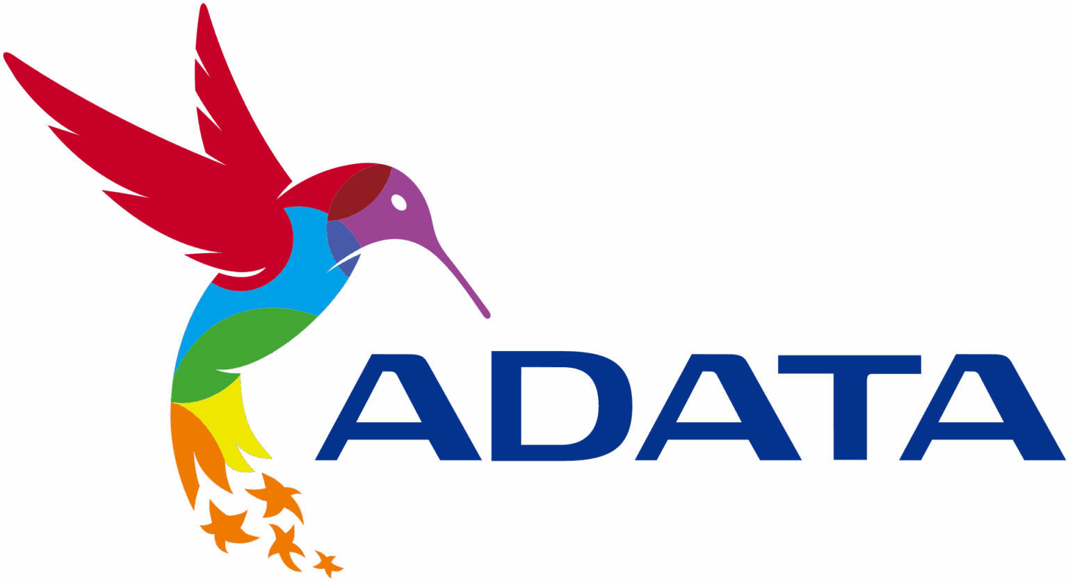 Logotipo da ADATA com um beija-flor multicolorido de asas vermelhas e cauda em tons de laranja e amarelo, ao lado do nome da marca em azul