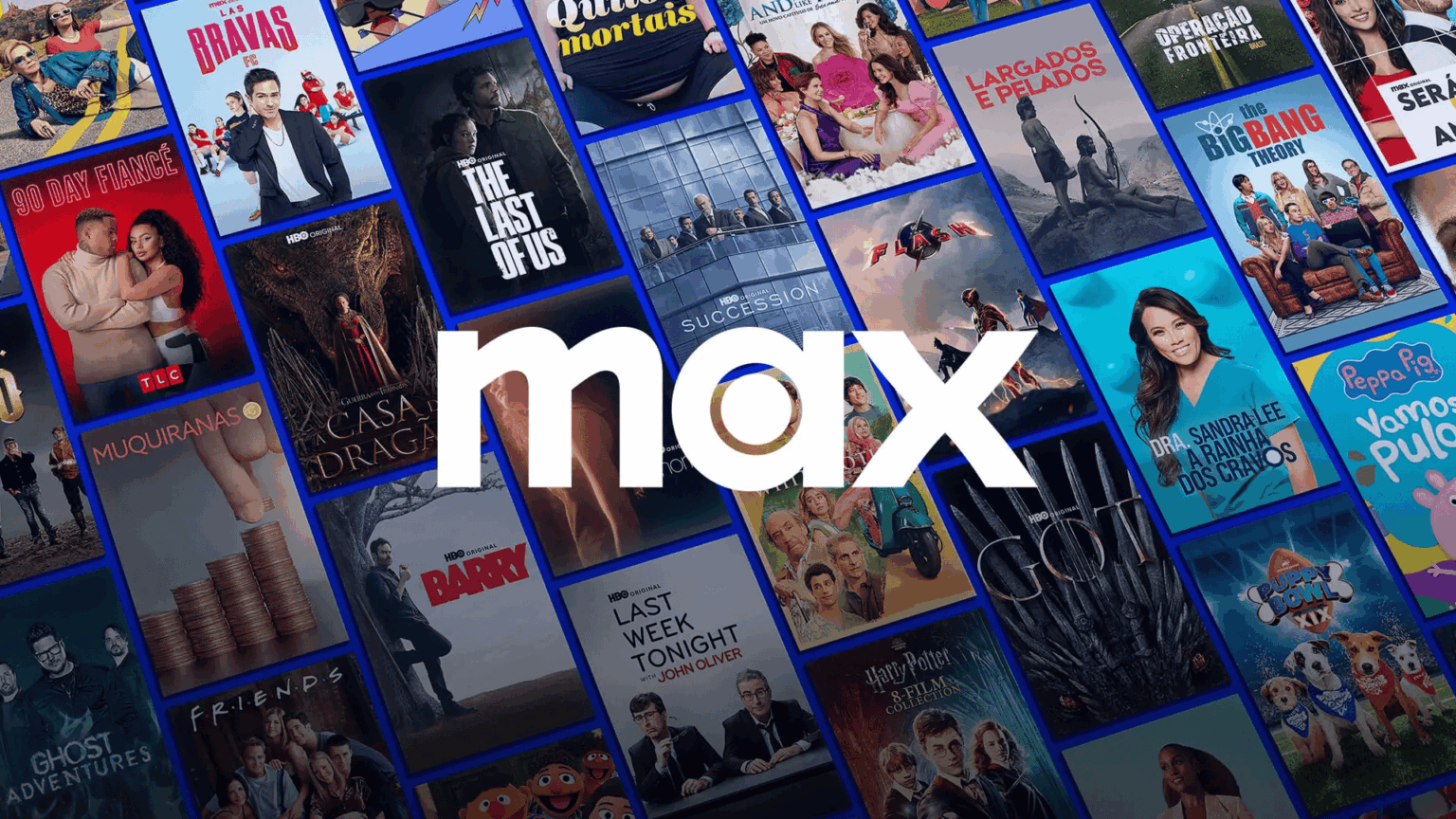 Logo da Max com fundo em mosaico de pôsteres de séries e filmes do catálogo, como The Last of Us, A Casa do Dragão, Barry e Friends