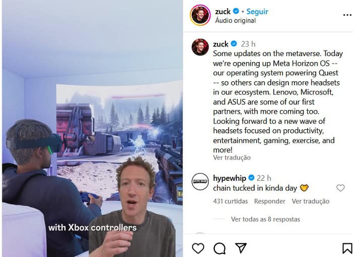 Meta e Microsoft vão lançar óculos VR do Xbox 3 Postagem de Mark Zuckerberg