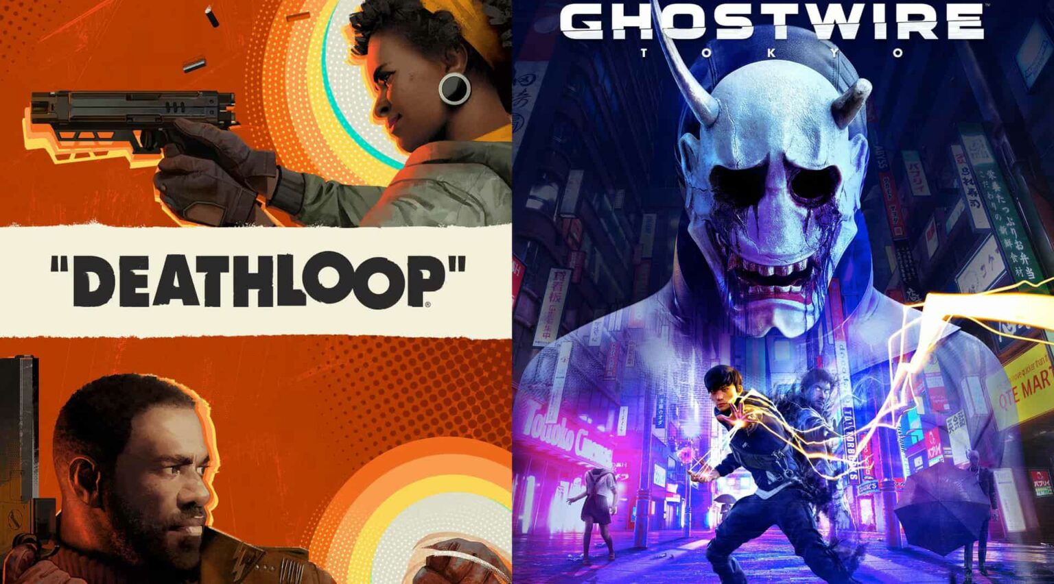 Capas de Deathloop (à esquerda) e Ghostwire: Tokyo (à direita), dois jogos de ação em primeira pessoa lançados para PlayStation e Xbox