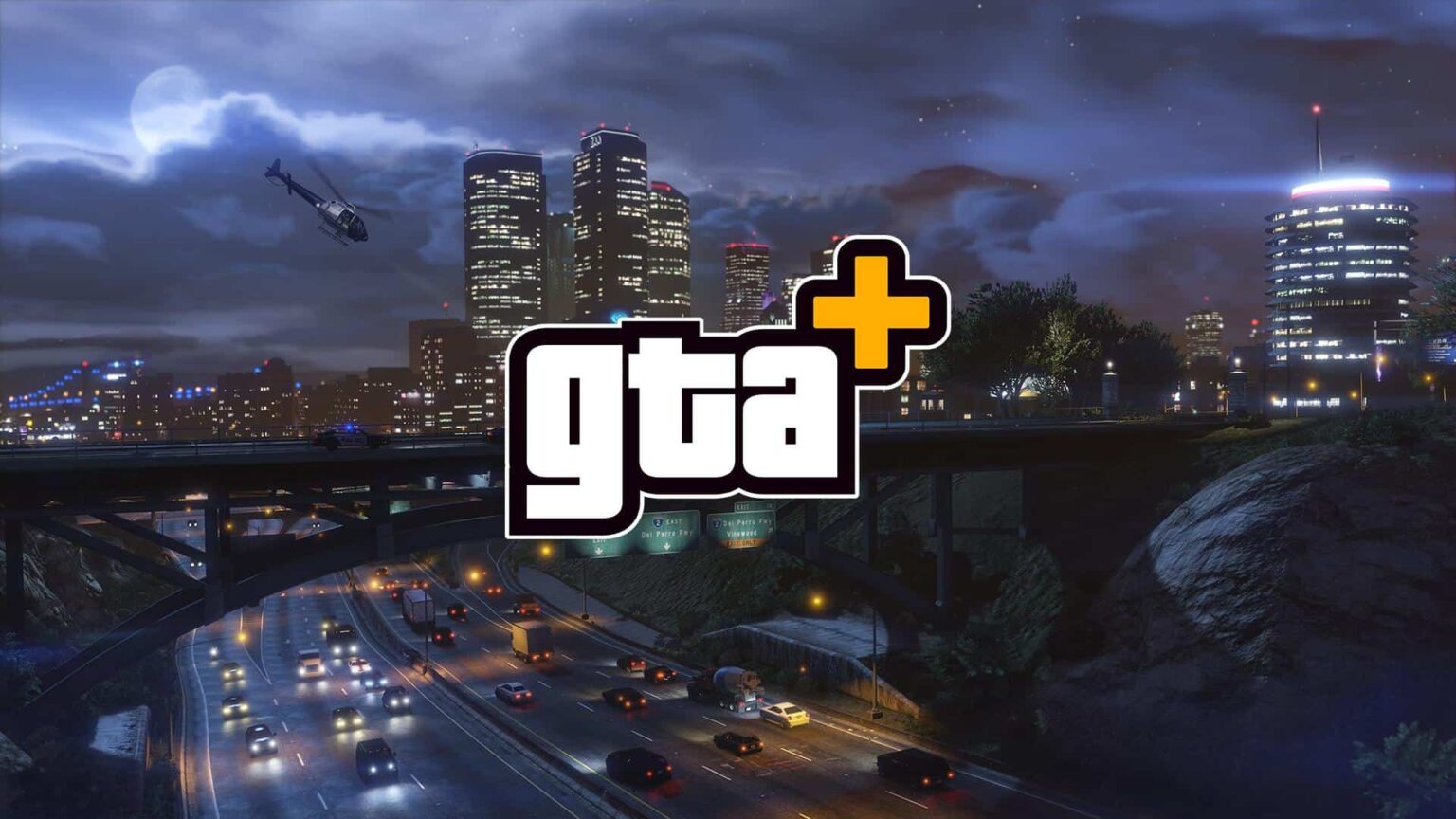 Logo "GTA+" sobre cenário noturno de cidade com helicóptero, prédios iluminados e rodovia com trânsito intenso