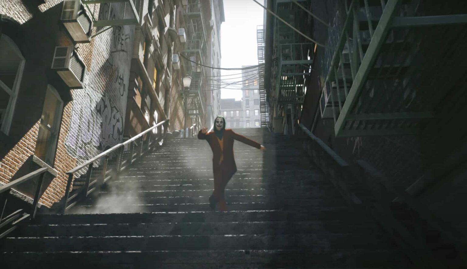 Personagem vestido de terno vermelho com maquiagem de palhaço dança numa escadaria de beco urbano com grafites nas paredes, em cena de jogo em 3D