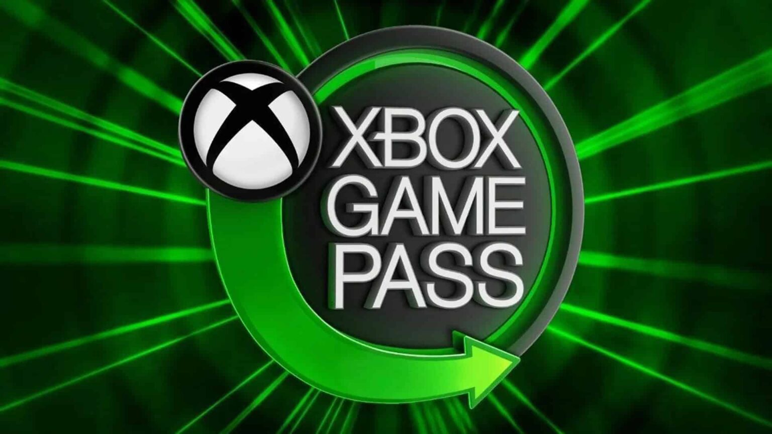 Logotipo do Xbox Game Pass com o símbolo do Xbox em branco e preto, sobre um anel verde em seta circular e fundo verde com raios de luz