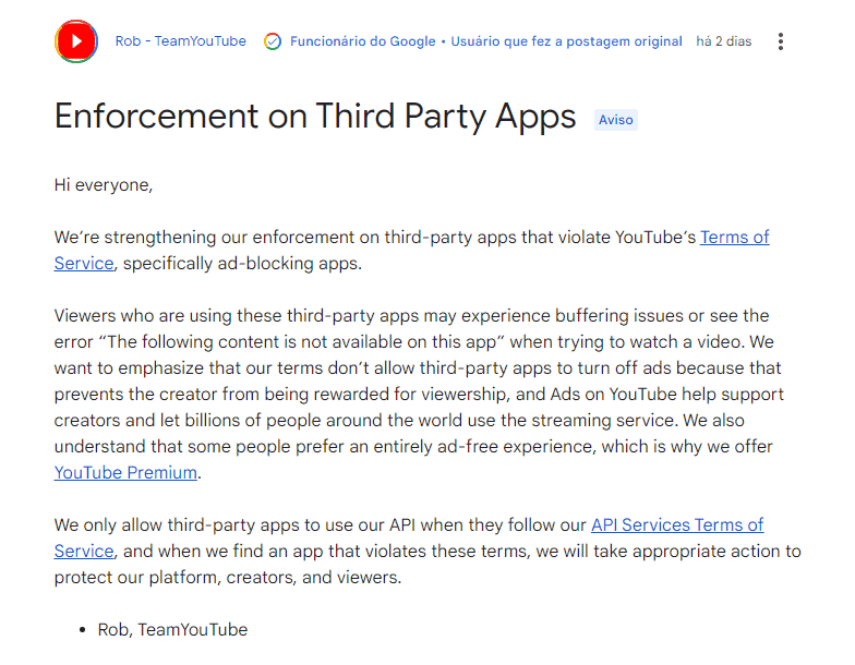 YouTube quer acabar com apps que bloqueiam anúncios, como o ReVanced 1 página de suporte do YouTube