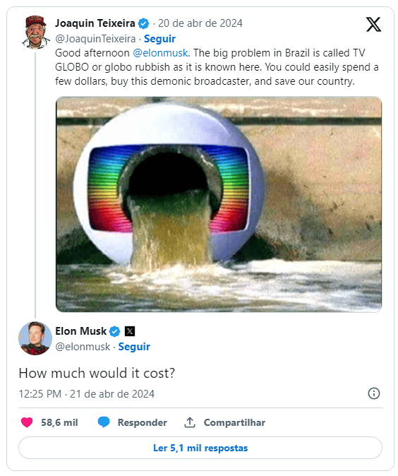E se Elon Musk fosse dono da Rede Globo? 1 Tweet Elon Musk comprar rede globo