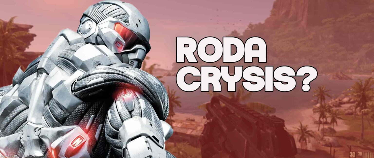 Personagem de armadura futurista prateada do jogo Crysis ao lado de cenário tropical com a frase "RODA CRYSIS?" em destaque