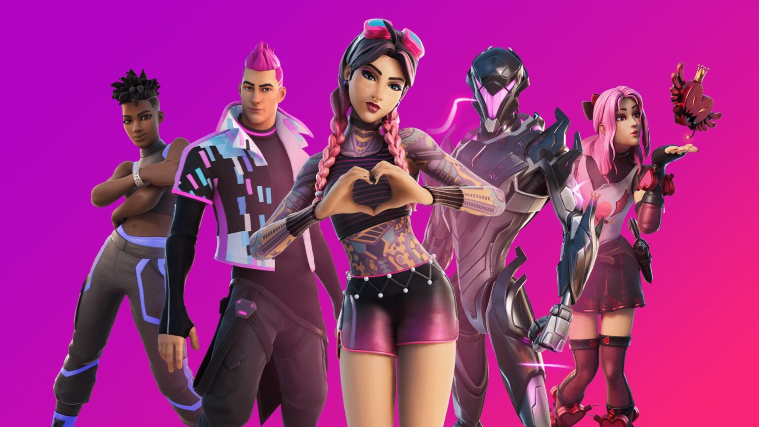 Cinco personagens digitais do Fortnite posam sobre fundo rosa e roxo, com a personagem central fazendo gesto de coração com as mãos