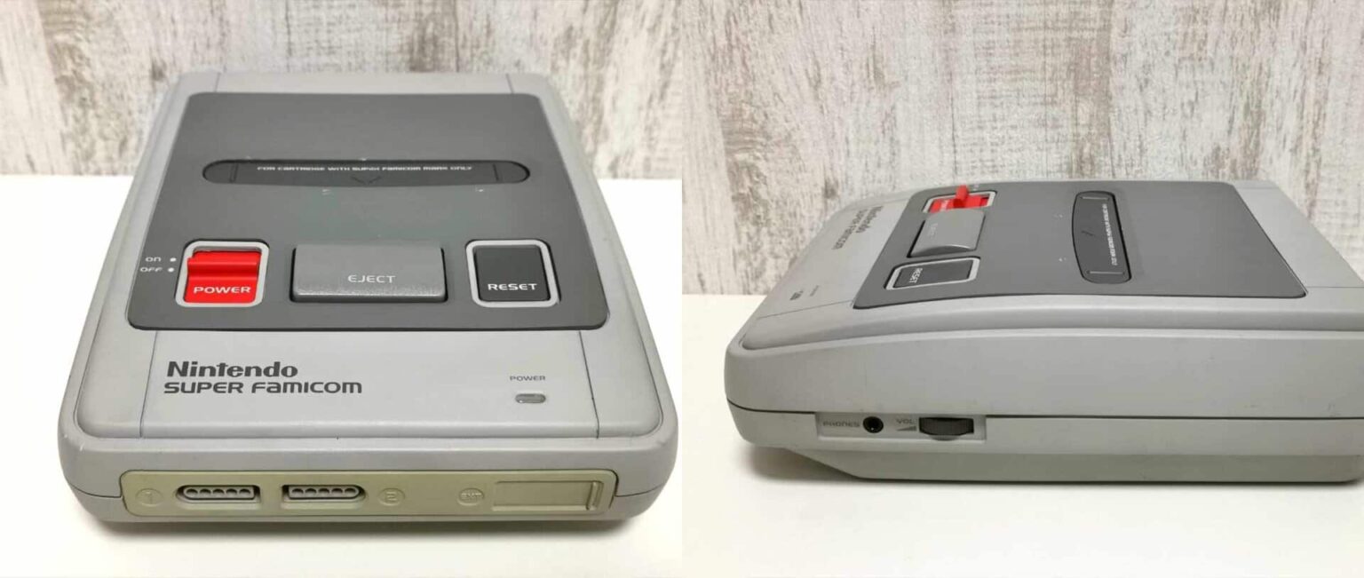 Console Nintendo Super Famicom em duas vistas, frontal com botões Power, Eject e Reset e lateral com portas e entrada de cartucho