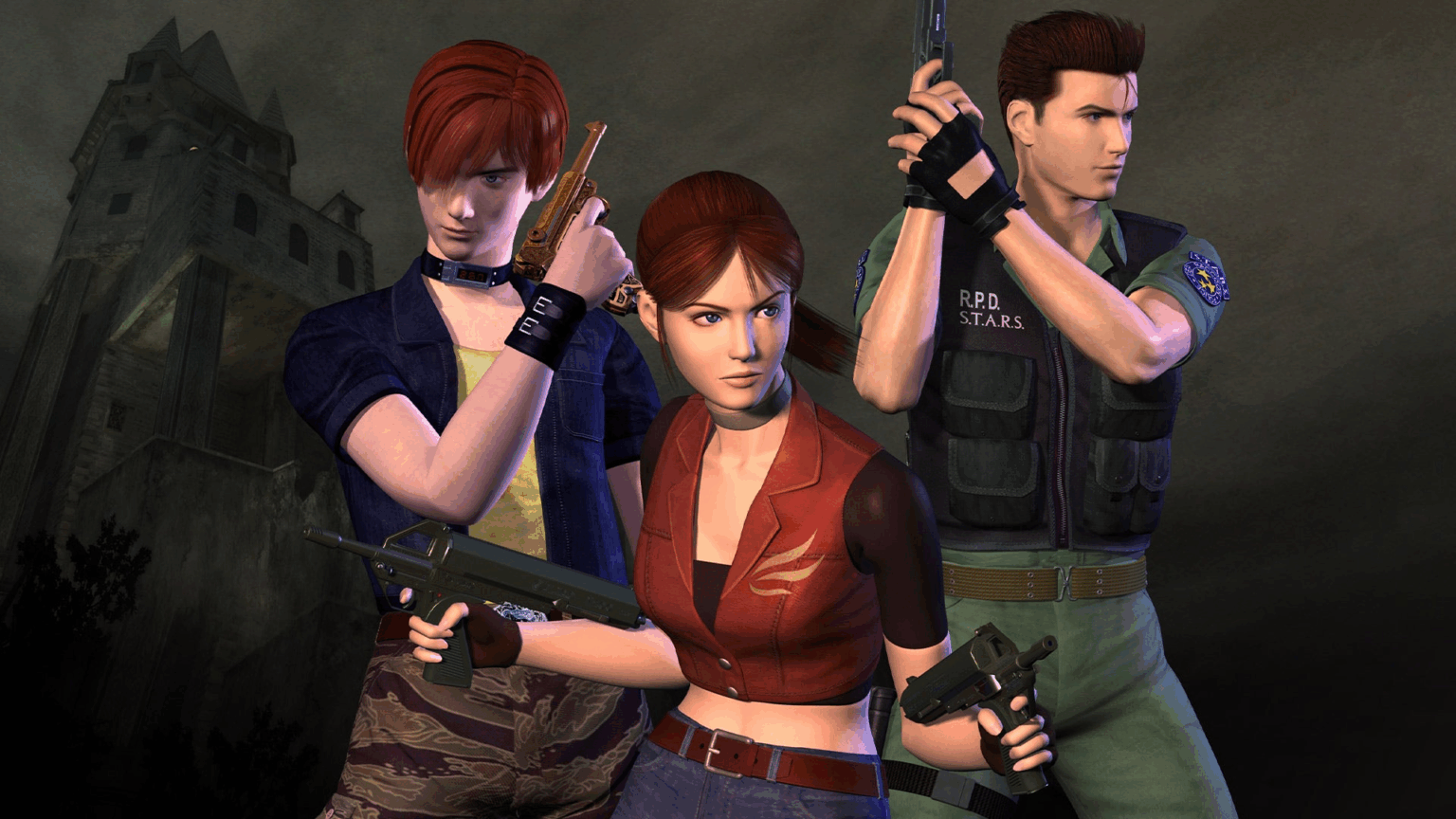 Três personagens de videogame empunhando armas, sendo um deles com colete da R.P.D. S.T.A.R.S., em cenário de mansão sombria ao fundo