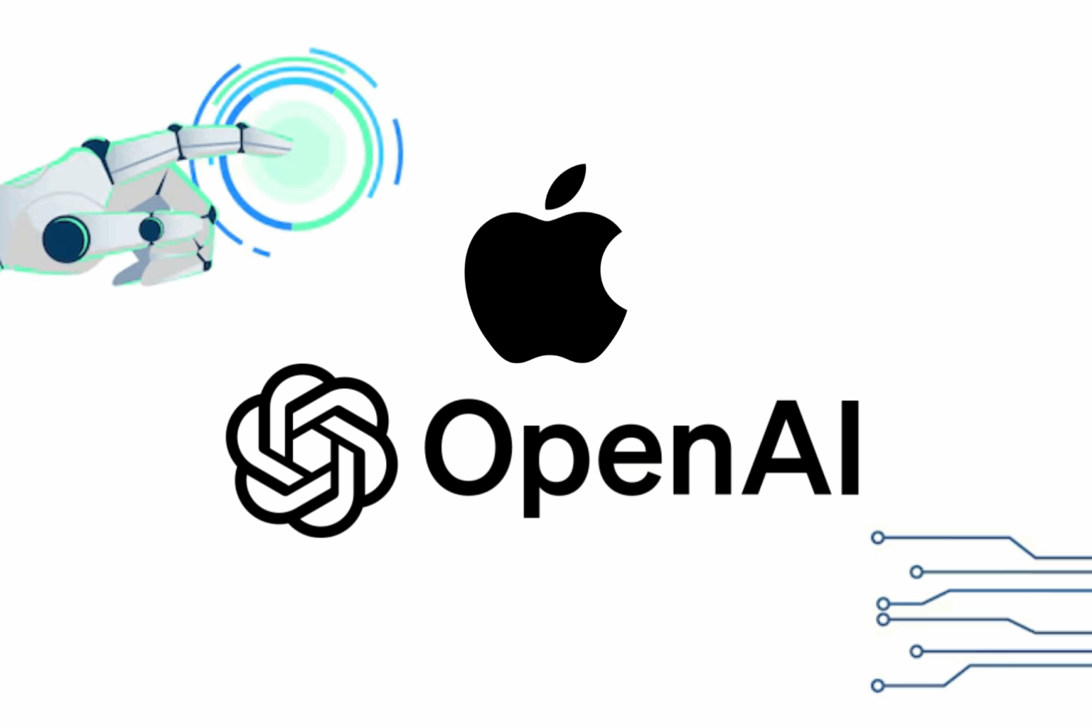 Logotipos da Apple e da OpenAI, com uma mão de robô e circuitos ao fundo, ilustrando a parceria entre as empresas