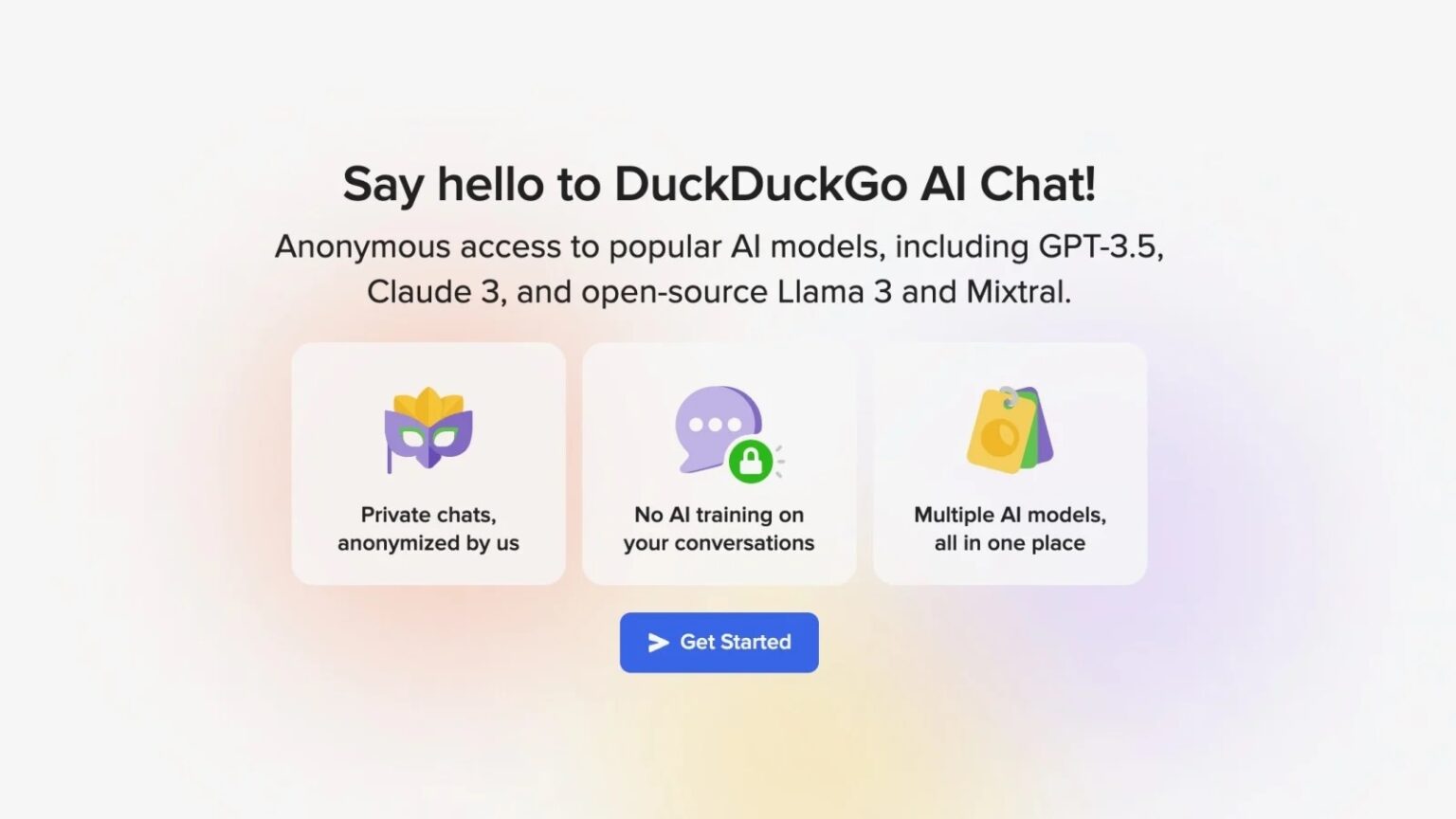 Tela de boas-vindas do DuckDuckGo AI Chat com o texto "Say hello to DuckDuckGo AI Chat!" e três cards sobre chats privados, ausência de treinamento de IA e vár…