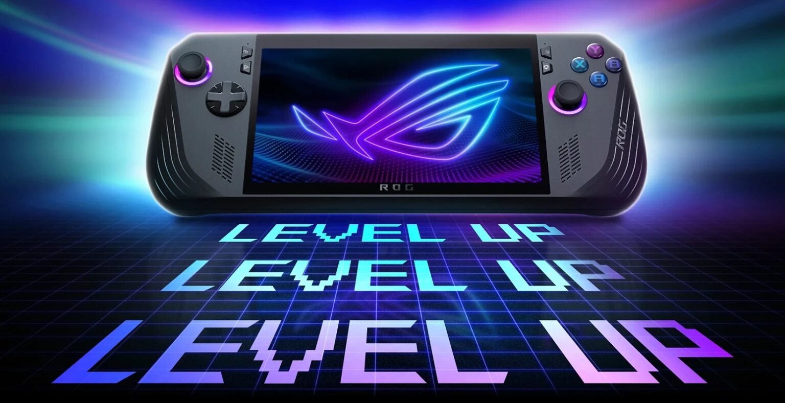Console portátil ASUS ROG Ally X com logo ROG na tela e o texto "LEVEL UP" em neon sobre um piso de grade azul e roxo