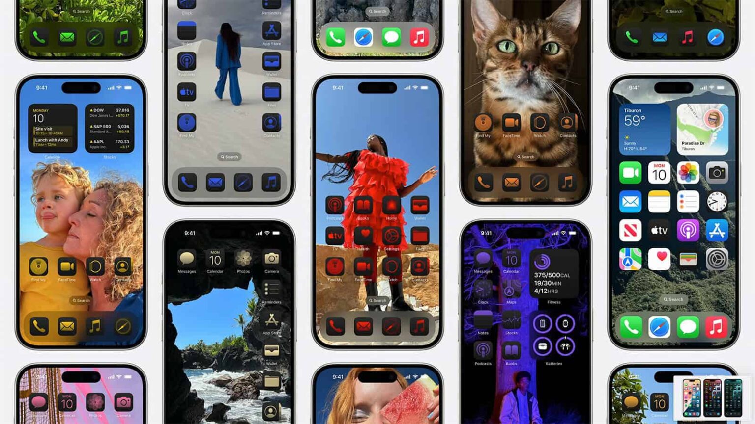 Grade de iPhones com telas personalizadas em diferentes temas, com widgets, ícones coloridos e fotos de fundo, incluindo gato, pessoas e paisagens