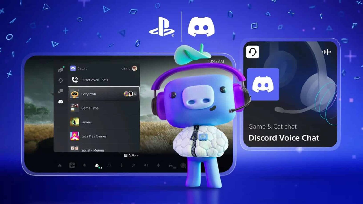 Ilustração com logos do PlayStation e do Discord, mostrando a interface do PS5 com lista de canais do Discord e a mascote azul de headset ao lado do cartão "Di…