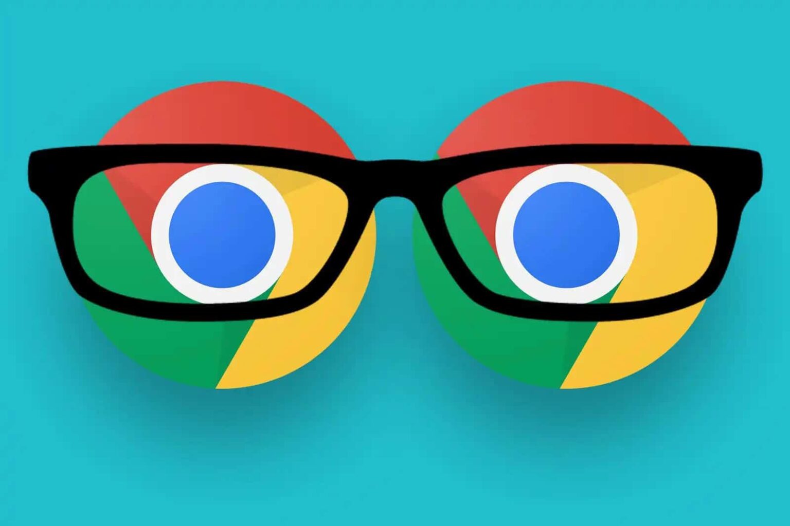 Logotipo do Google Chrome em dois círculos coloridos usados como lentes de óculos pretos sobre fundo azul-turquesa