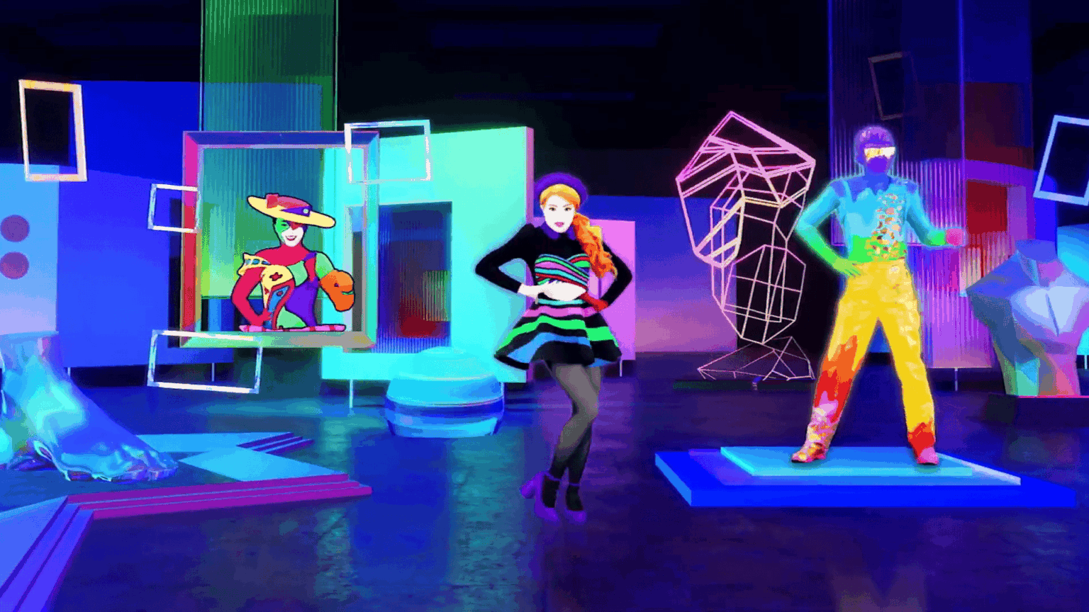 Captura de cena do game Just Dance com três personagens dançando em um cenário com luzes neon e formas geométricas coloridas