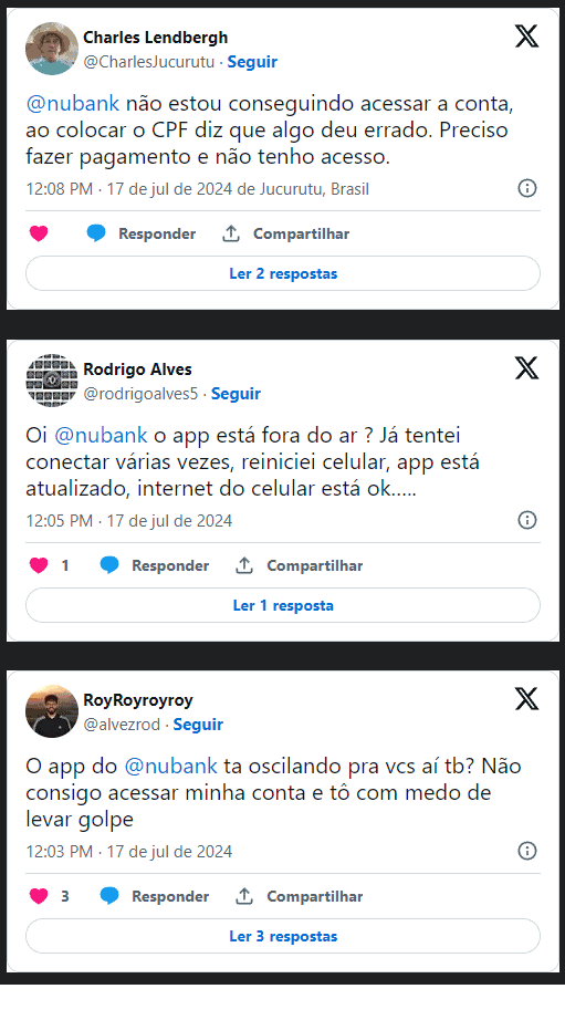 Caiu aí? Nubank sofre instabilidade, impedindo usuários de fazer login 1 imagem 2024 07 17 155905379