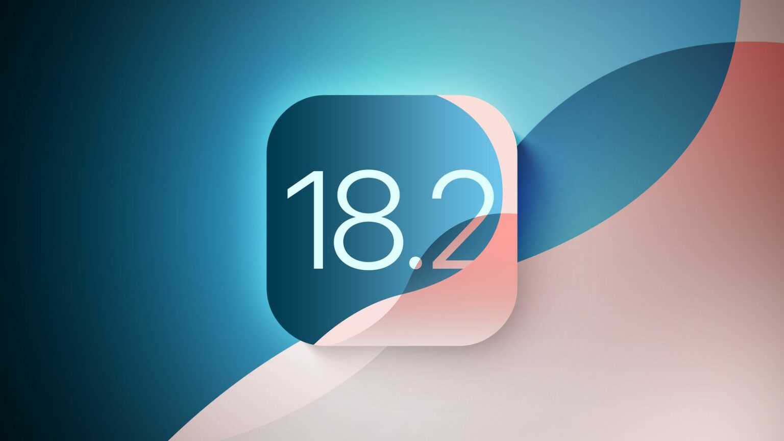 Ícone do iOS 18.2 com o número da versão em destaque sobre um fundo azul e rosa com formas suaves e translúcidas