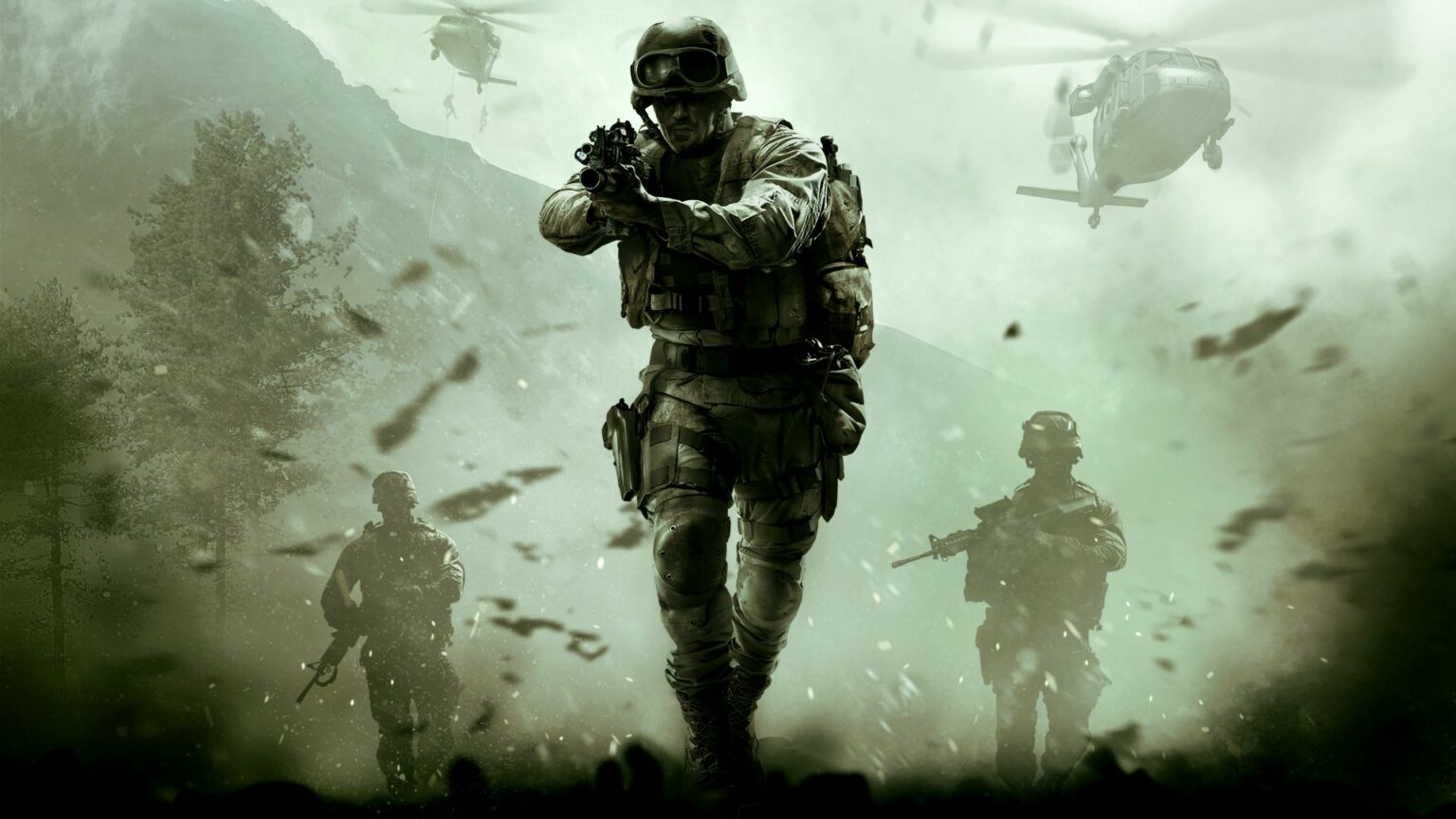 Soldados em uniforme de combate avançam por uma paisagem enevoada, com helicópteros ao fundo, em arte de jogo de tiro em primeira pessoa