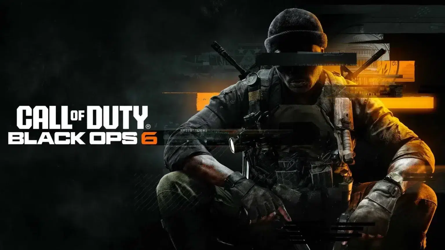 Arte promocional de Call of Duty Black Ops 6 com soldado agachado, de equipamento tático e armado, sob logo do jogo em fundo escuro