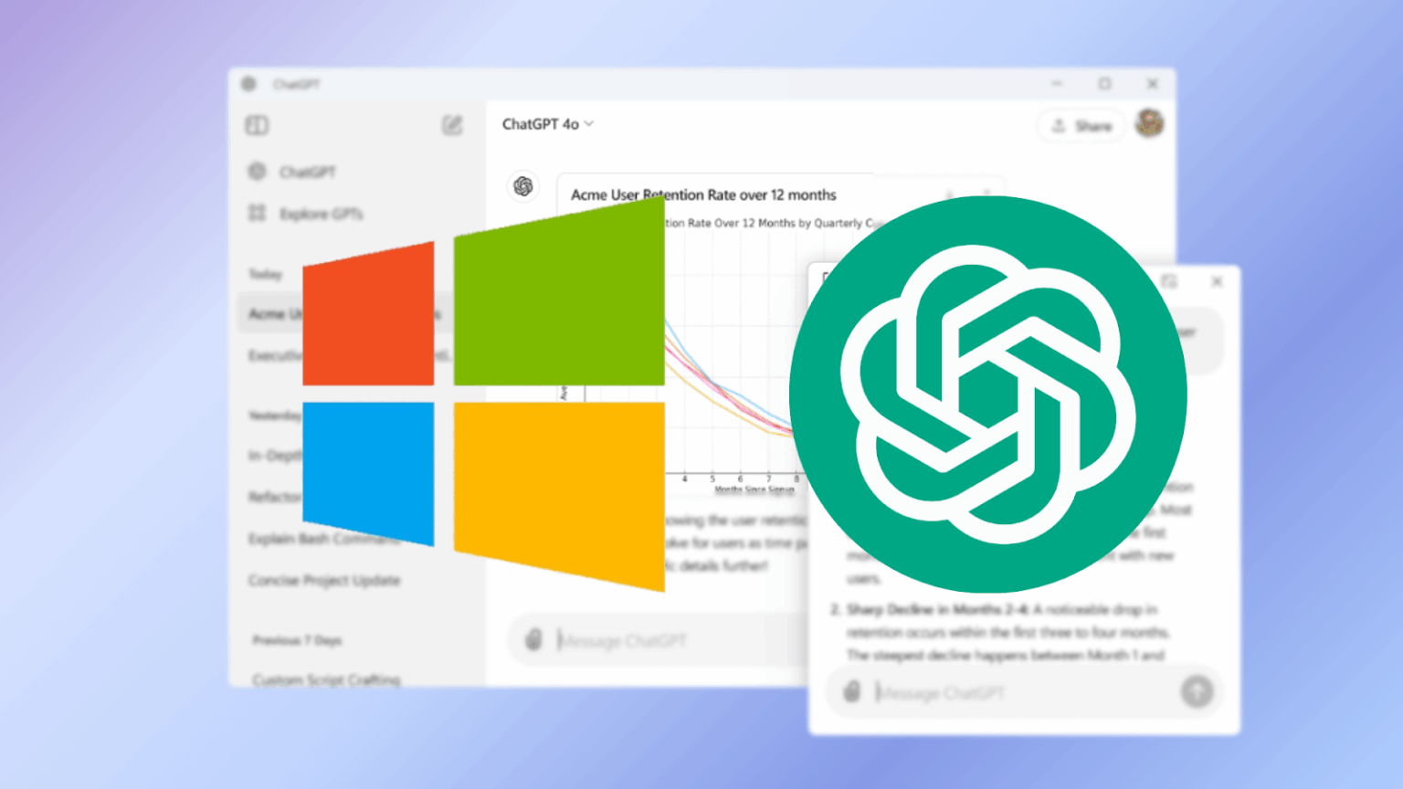 Logos do Windows e do ChatGPT (OpenAI) sobre captura de tela do aplicativo ChatGPT para desktop com gráfico de retenção de usuários