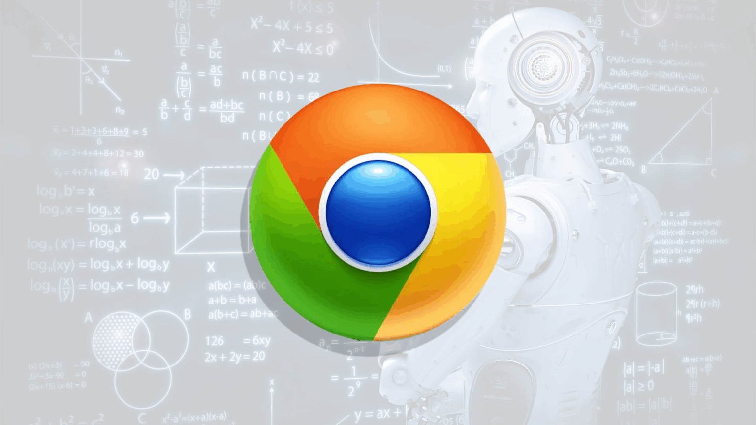 Logo colorido do Google Chrome em destaque, com um robô branco ao lado e fórmulas matemáticas ao fundo