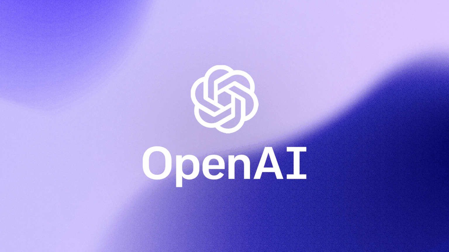 Logotipo da OpenAI, em branco, sobre fundo degradê em tons de roxo e azul
